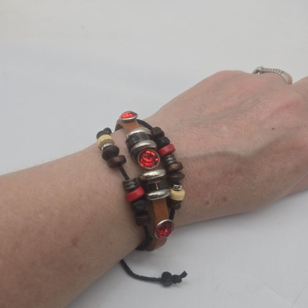 Beaded Leather Bracelet Adjustable Strap Rhinestones Wood Vegan Fashion Jewelry